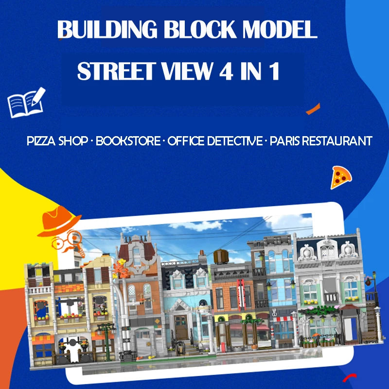 1178 sztuk Street View Building Blocks Pizzeria Modułowe Zestawy Architektoniczne MOC Agencja Detektywistyczna Zabawki dla Chłopców Prezenty dla Dzieci 20104