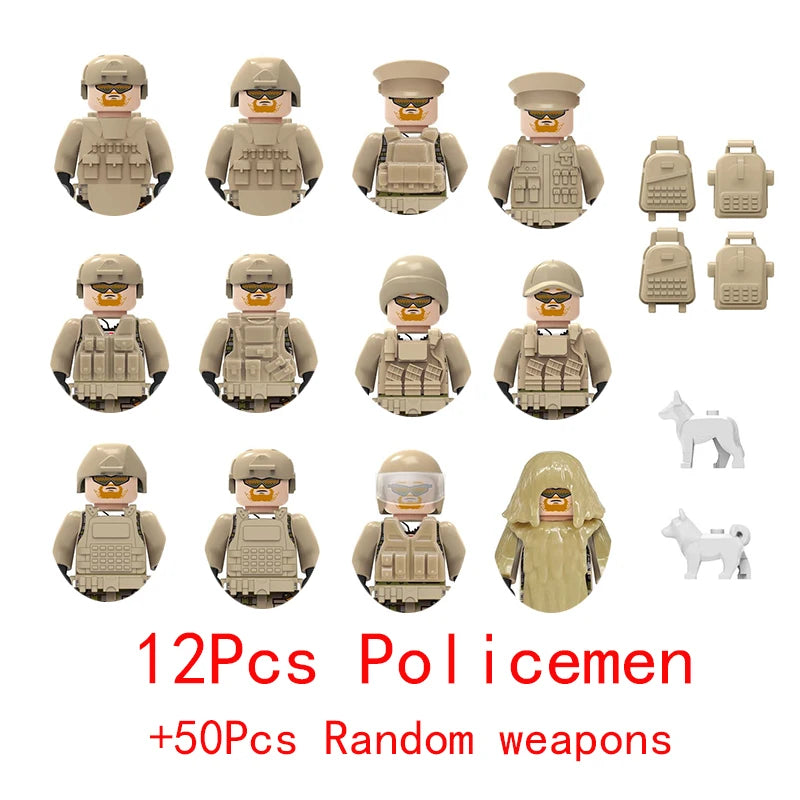 Wojskowe siły specjalne, policja SWAT, gangsterzy, broń, pistolety, moździerze, jeepy, pojazdy terenowe, opancerzone, model żołnierza, klocki budowlane