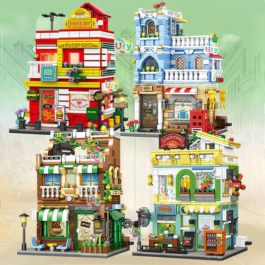 City Street View Modular Mall Supermarket Hotel Burger Coffee Shop Retro Flower House MOC Architecture Building Blocks for Kids