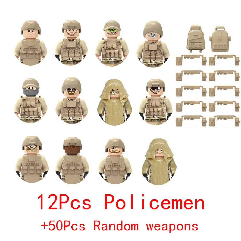 Wojskowe siły specjalne, policja SWAT, gangsterzy, broń, pistolety, moździerze, jeepy, pojazdy terenowe, opancerzone, model żołnierza, klocki budowlane