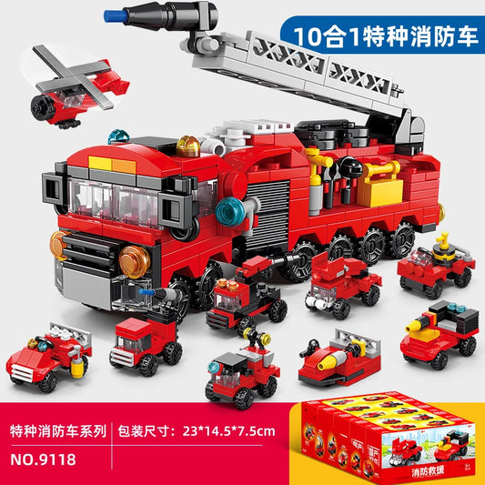 Fire truck building blocks 10 in 1 Police car Aircraft Tank warship excavator robot Building bricks Boy toy Children's gift