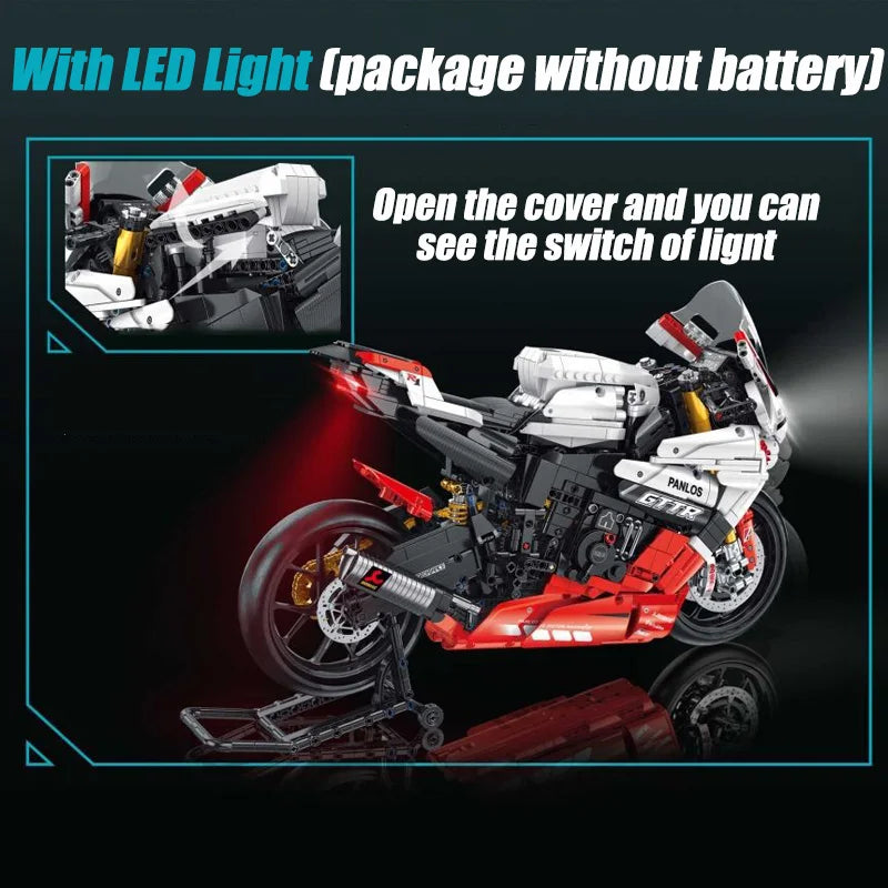 Ekspert techniczny Samochód wyścigowy motocykl Klocki V4S PH4 H2R R1 Motocykl ze światłem LED Klocki Zabawki dla dzieci Prezenty