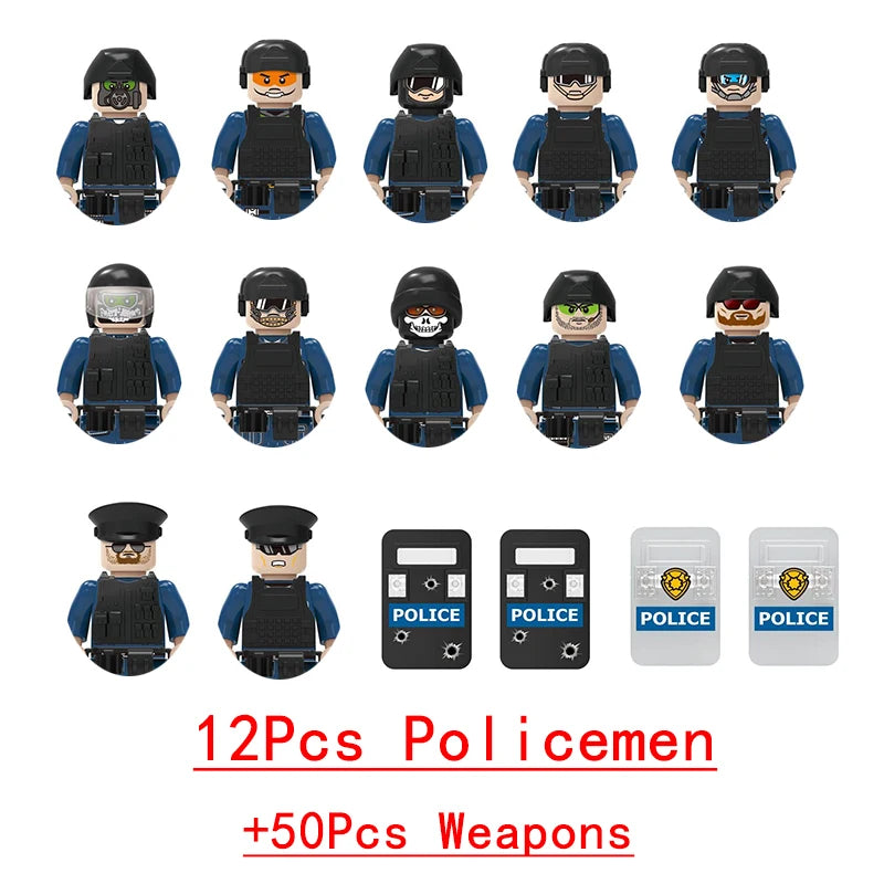 Wojskowe siły specjalne, policja SWAT, gangsterzy, broń, pistolety, moździerze, jeepy, pojazdy terenowe, opancerzone, model żołnierza, klocki budowlane