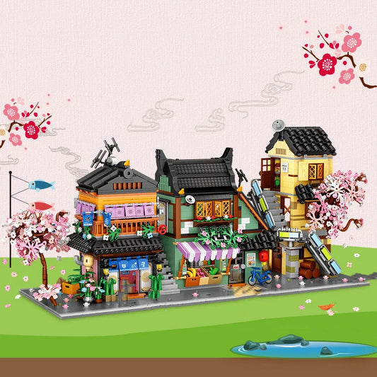Creative Mini Block Architecture Japanese Noodles Restaurant Apartment Fruit Vegetable Shop Brick Japan Street View Figures Toys