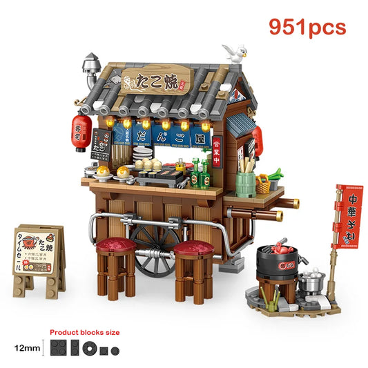 Mini Japanese Octopus Braised Chinese Restaurant Hong Kong Food Shop Street View Building Blocks Boys and Girls Children's Gift