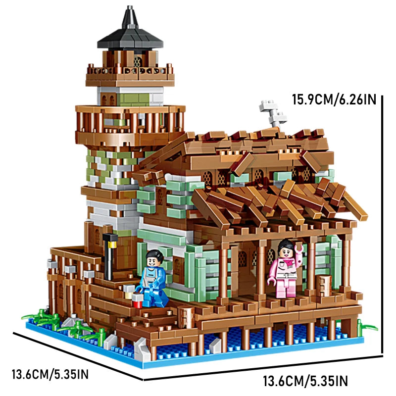 Mikro klocki - domek rybacki, architektoniczne klocki - model domu miejskiego - prezent dla dziewczynek i chłopców, zabawki dla dzieci