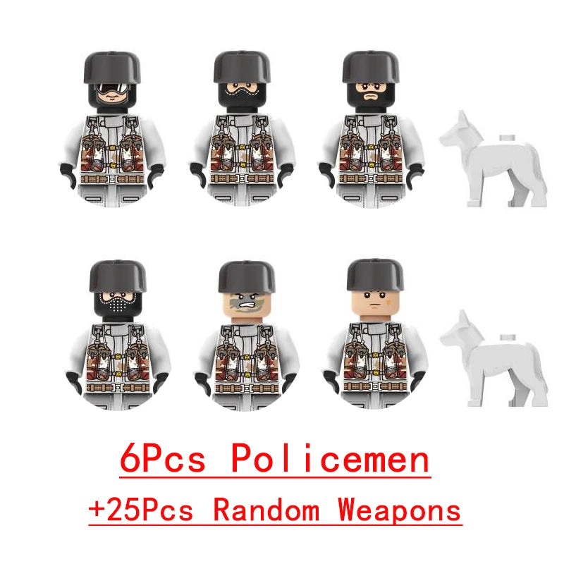 Wojskowe siły specjalne, policja SWAT, gangsterzy, broń, pistolety, moździerze, jeepy, pojazdy terenowe, opancerzone, model żołnierza, klocki budowlane