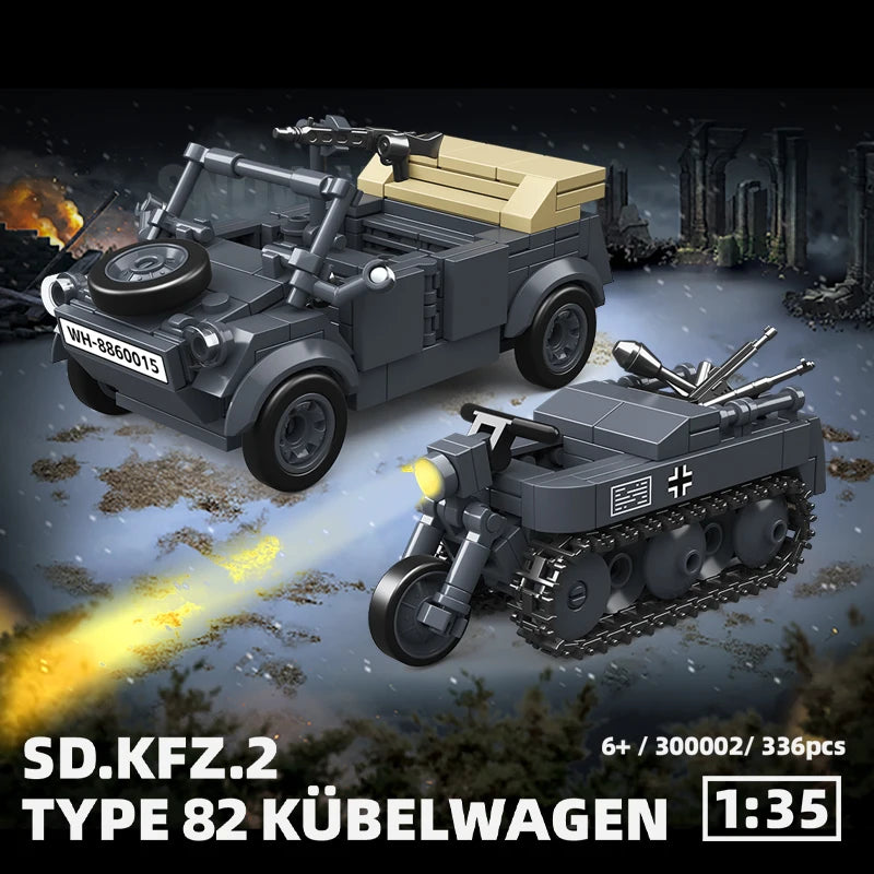 Półgąsienicowy motocykl VW82 z II wojny światowej, niemiecki samochód terenowy, model do montażu, klocki, prezent dla chłopca