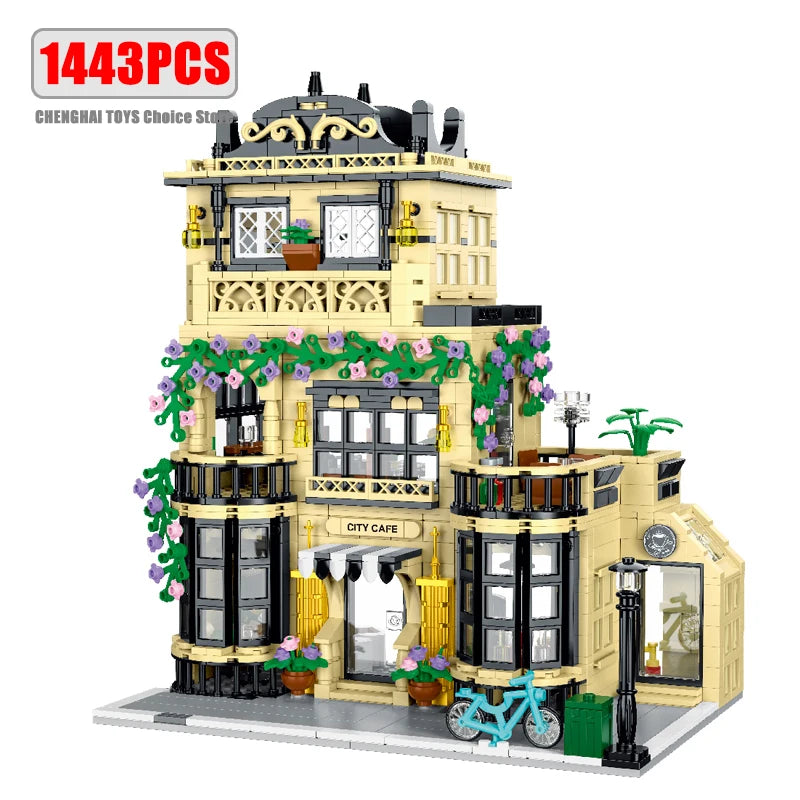 1443-1489 sztuk Kreatywne Miasto Kawiarnia Światło Widok na Ulicę Klocki Klocki Modele Zestawy MOC Modułowa Architektura Chłopcy Zabawki Prezenty dla Dzieci