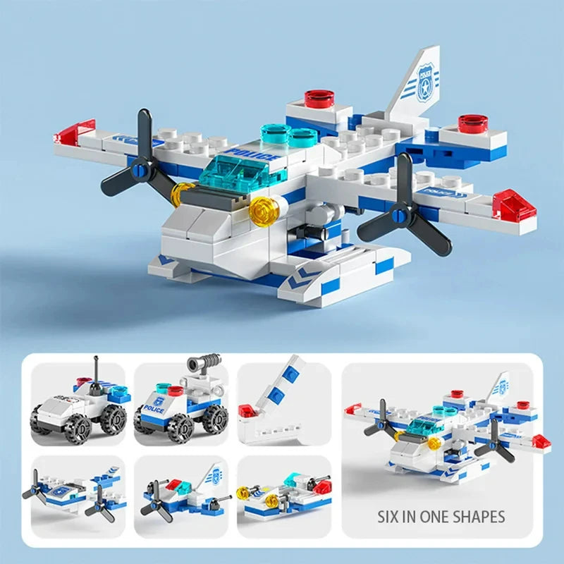 Miniaturowe klocki 6 w 1, samochód policyjny, wóz strażacki, klocki do budowy zamku, edukacyjne zabawki dla dzieci, prezenty