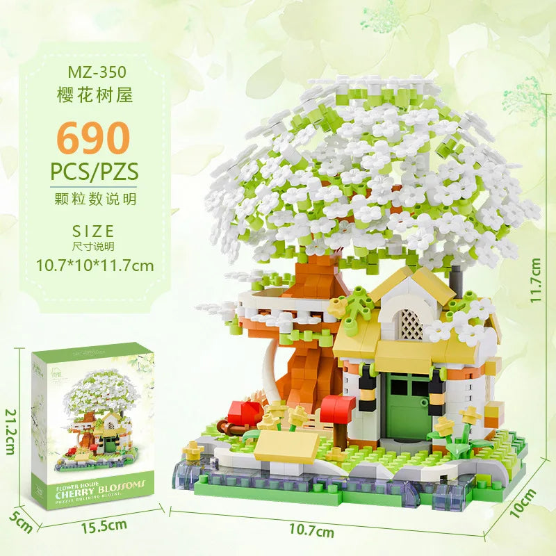 Forest House Building Blocks 3D Cherry Blossom Tree House Architecture Bricks Model Log Cabin Toys For Kids Santa Gift MZ322