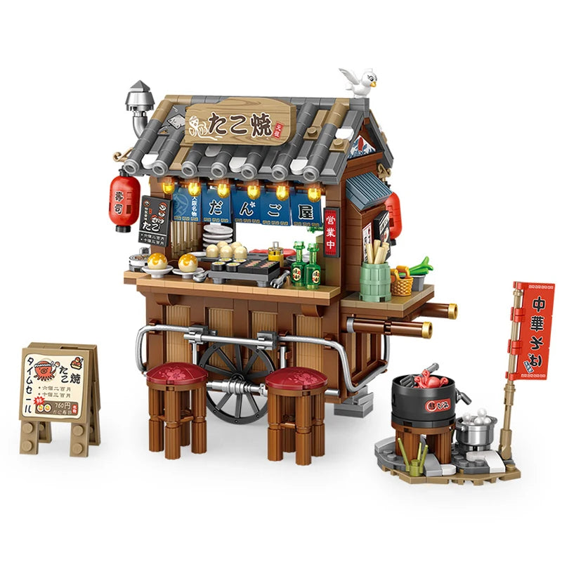 Mini Japanese Octopus Braised Chinese Restaurant Hong Kong Food Shop Street View Building Blocks Boys and Girls Children's Gift