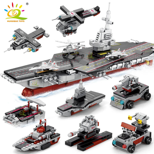 HUIQIBAO 562pcs 8in1 Military Ship Aircraft Cruiser Building Blocks Army Weapon Warship Truck Bricks City Toy for Children Gift