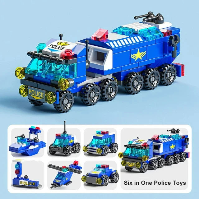 Miniaturowe klocki 6 w 1, samochód policyjny, wóz strażacki, klocki do budowy zamku, edukacyjne zabawki dla dzieci, prezenty