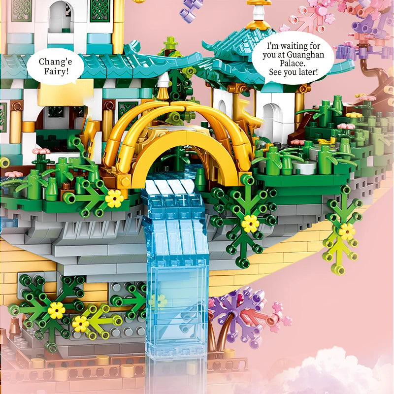 Ancient Pavilion Temple Tower Lake Garden Gate Led Light Model Mini Diamond Blocks Bricks Building Chinese Style Home Decor Gift