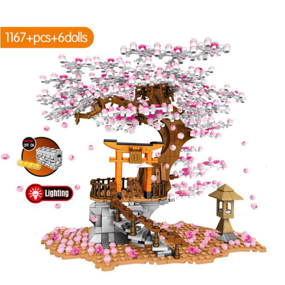 Japan Sakura Street View Building Block Japanese Cherry Scenery Senbon Torii Model City Streetscape Brick Toys With Led Light