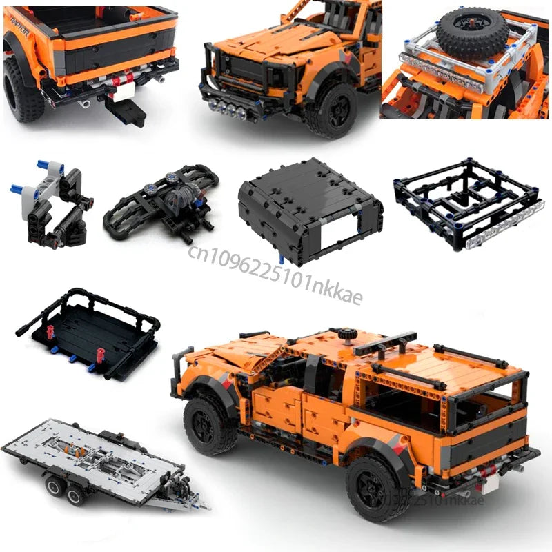 MOC 42126 F-150 Raptor Car Trailer Technical Hitch Crane Platform Hardtop Bumper Roofrack Building Blocks DIY Bricks Toy Gifts - CADA BRICKS®