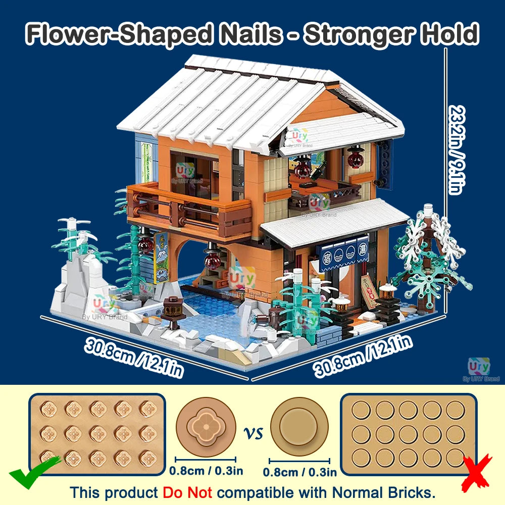 City Street View Modular Japanese Traditional Single-family Villa Retro Flower House MOC Architecture Building Block Toy for Kid