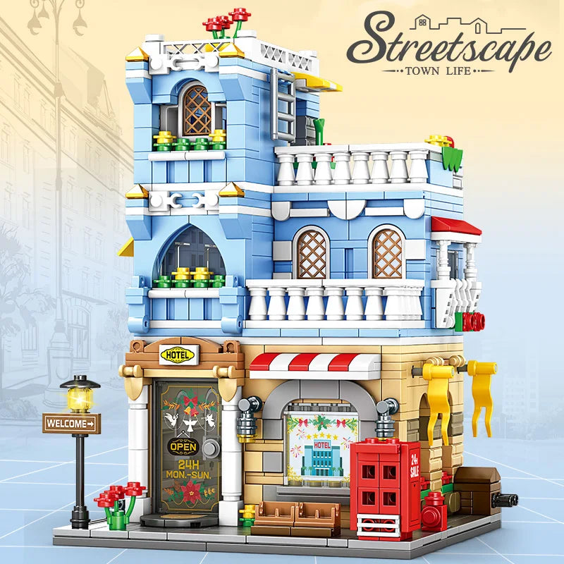 Klocki do budowania hoteli i zajazdów Klocki architektoniczne dla dziewczynek Seria miejska Zestaw miniaturowych puzzli Model dla chłopców Zabawka dla dzieci