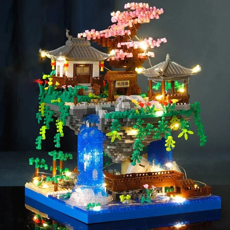 3320 szt. Domek na drzewie, miniaturowy diamentowy blok, brzoskwiniowy kwiat, tradycyjny basen z oświetleniem, chińskie klocki architektoniczne