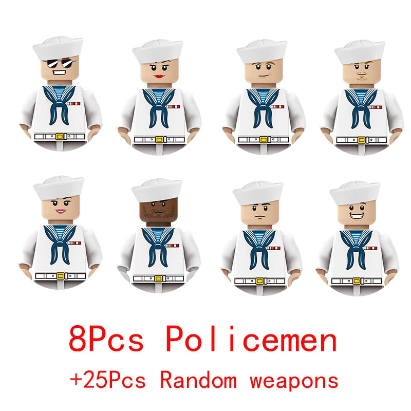 Wojskowe siły specjalne, policja SWAT, gangsterzy, broń, pistolety, moździerze, jeepy, pojazdy terenowe, opancerzone, model żołnierza, klocki budowlane