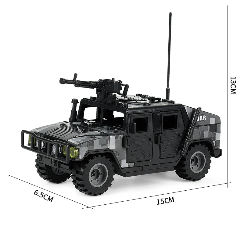 Wojskowe siły specjalne, policja SWAT, gangsterzy, broń, pistolety, moździerze, jeepy, pojazdy terenowe, opancerzone, model żołnierza, klocki budowlane