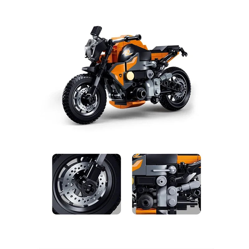196 sztuk pomarańczowych klocków motocyklowych, małe klocki do budowania, puzzle do samodzielnego montażu dla dzieci