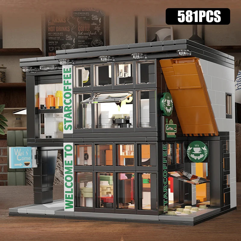 581 szt. City Star Coffee House z oświetleniem klocki budowlane Street View architektura kawiarnia sklep MOC klocki zabawki dla dzieci prezent świąteczny