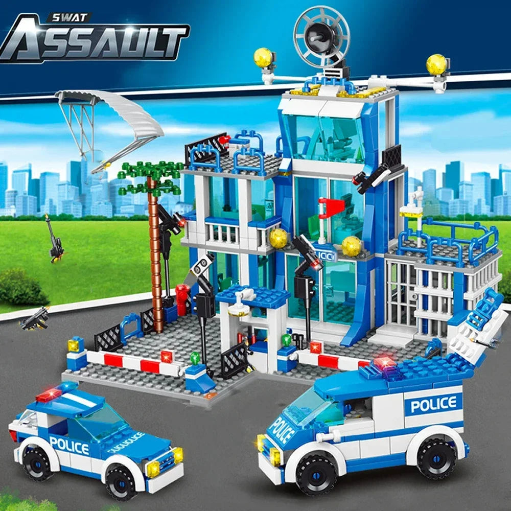 Zestaw modeli wojskowych SWAT Police Station, więzienny samochód, łódź policjanta, figurki, klocki budowlane, DIY, zabawka dla chłopców, prezent