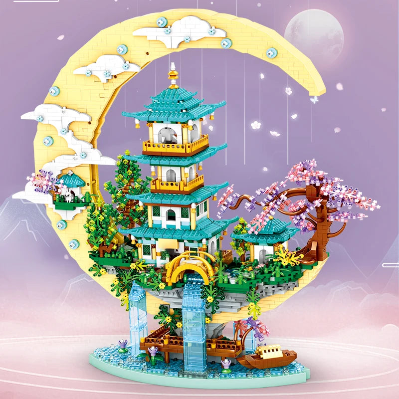 Ancient Pavilion Temple Tower Lake Garden Gate Led Light Model Mini Diamond Blocks Bricks Building Chinese Style Home Decor Gift