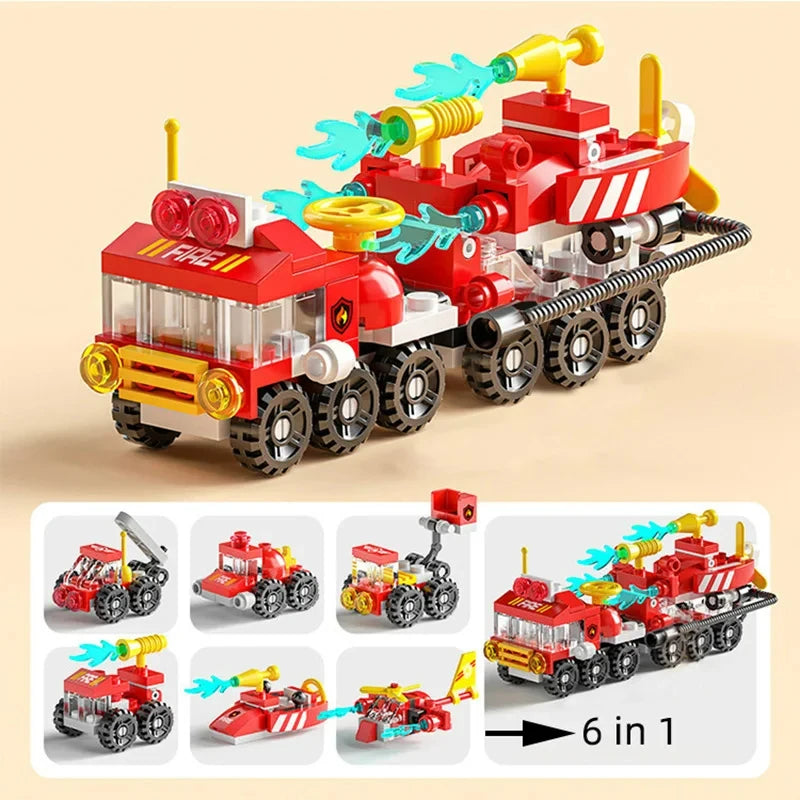 Miniaturowe klocki 6 w 1, samochód policyjny, wóz strażacki, klocki do budowy zamku, edukacyjne zabawki dla dzieci, prezenty