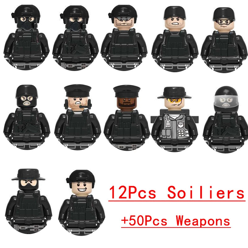 Wojskowe siły specjalne, policja SWAT, gangsterzy, broń, pistolety, moździerze, jeepy, pojazdy terenowe, opancerzone, model żołnierza, klocki budowlane