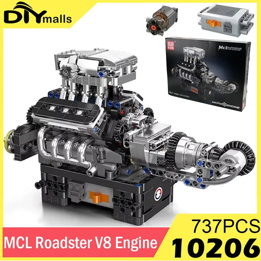 Mould King 10206 Sport Car V8 Engine Building Blocks 737PCS Technical Part MCL Motorized Simulation Model Electrically Bricks