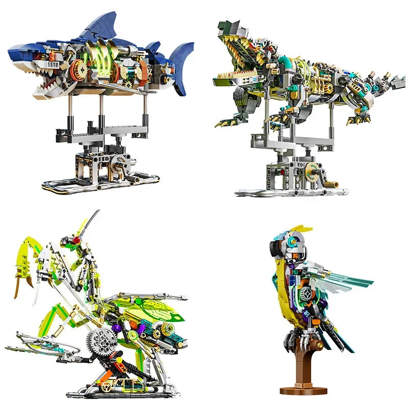 TOYLINX Mechanical Shark Building Set, STEM Educational Shark Sea Life Construction Blocks with Light-Up Display Stand - CADA BRICKS®