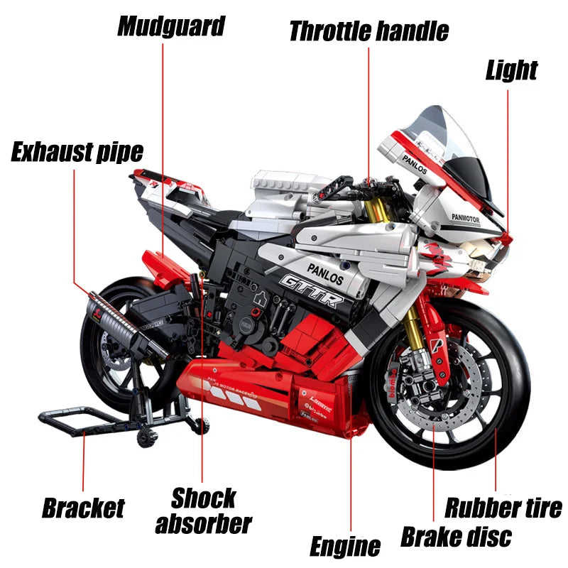 Ekspert techniczny Samochód wyścigowy motocykl Klocki V4S PH4 H2R R1 Motocykl ze światłem LED Klocki Zabawki dla dzieci Prezenty