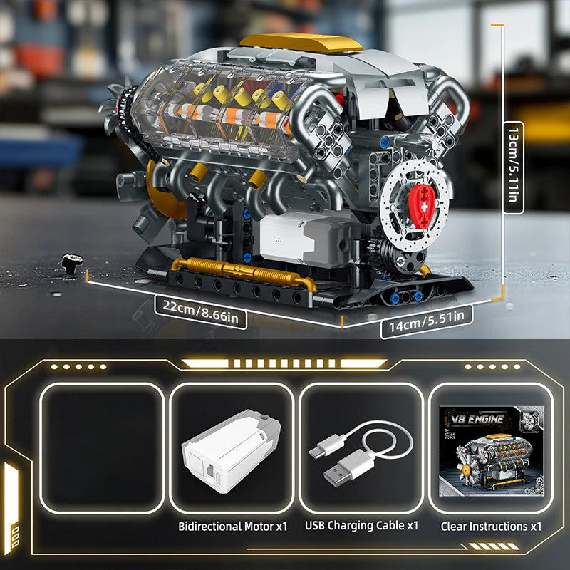 MOC Technik Electrically Driven V8 Engine Model Car Building Blocks Set Creative Educational Toys Christmas Gifts For Boys Kids - CADA BRICKS®