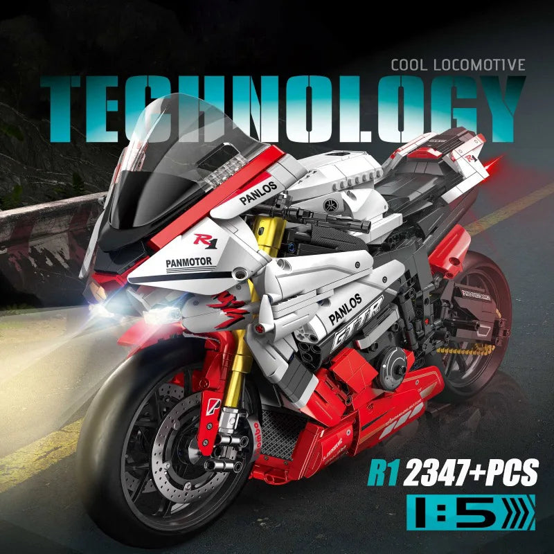 Ekspert techniczny Samochód wyścigowy motocykl Klocki V4S PH4 H2R R1 Motocykl ze światłem LED Klocki Zabawki dla dzieci Prezenty