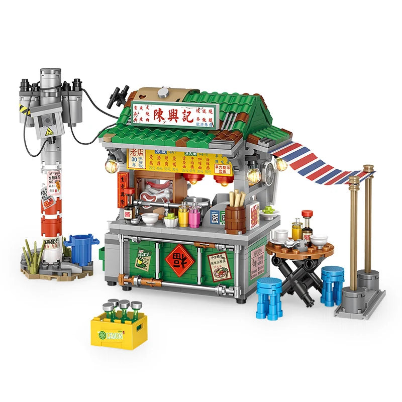 Mini Japanese Octopus Braised Chinese Restaurant Hong Kong Food Shop Street View Building Blocks Boys and Girls Children's Gift