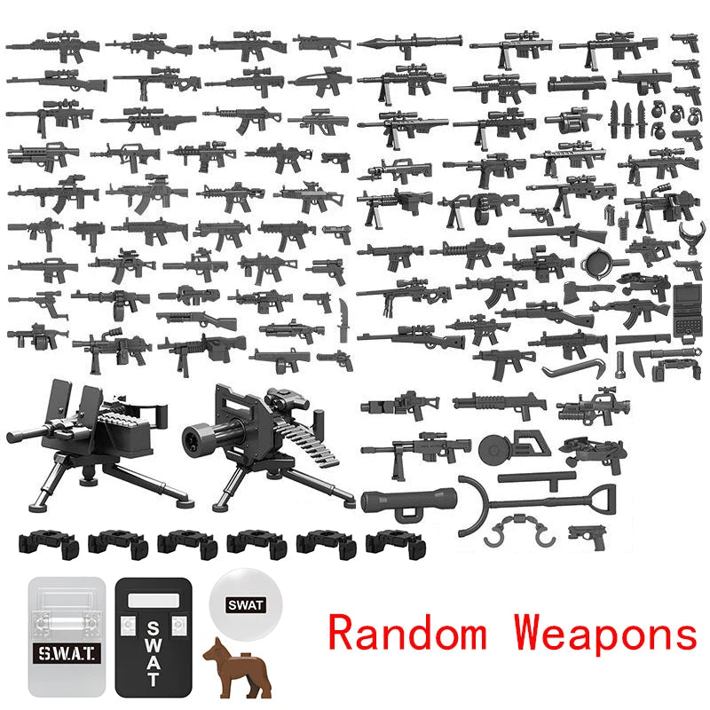 Wojskowe siły specjalne, policja SWAT, gangsterzy, broń, pistolety, moździerze, jeepy, pojazdy terenowe, opancerzone, model żołnierza, klocki budowlane