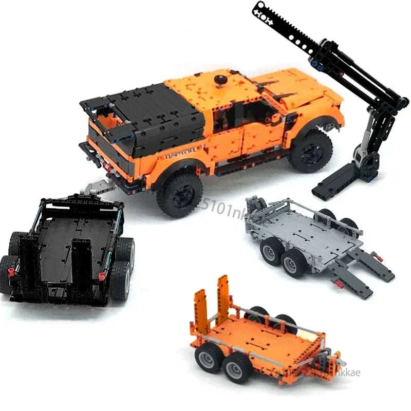 MOC 42126 F-150 Raptor Car Trailer Technical Hitch Crane Platform Hardtop Bumper Roofrack Building Blocks DIY Bricks Toy Gifts - CADA BRICKS®