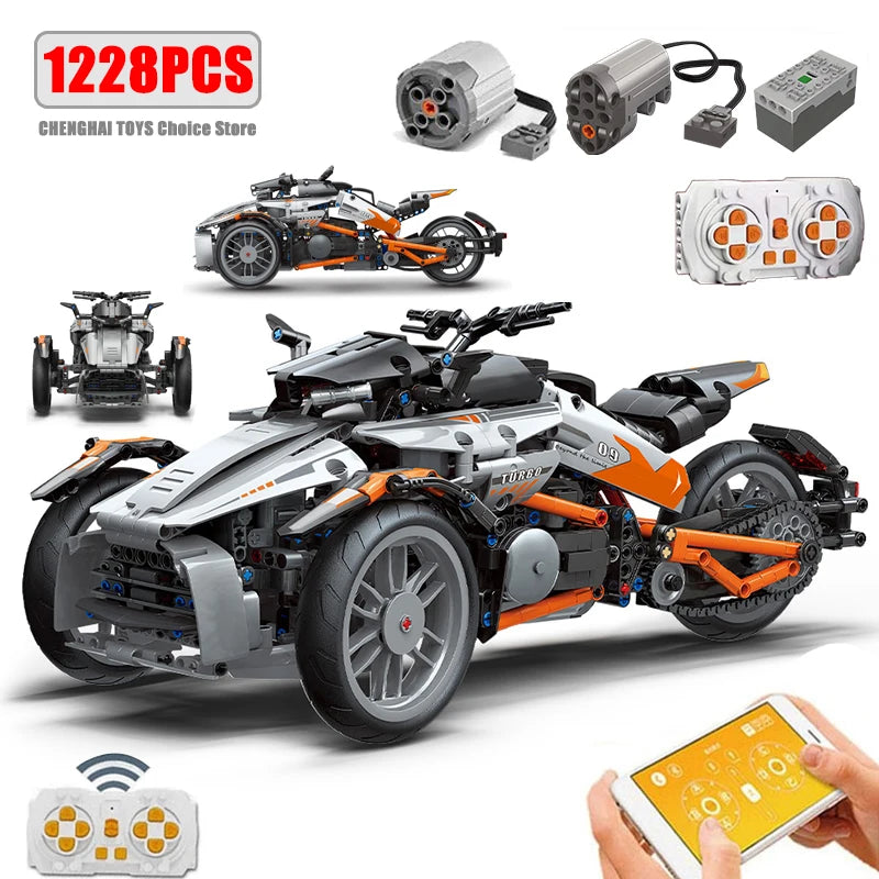 1228 sztuk City Technical APP zdalnie sterowany lokomotywa motocykl klocki budowlane MOC motocykl klocki model zabawka dla chłopca prezent dla dzieci