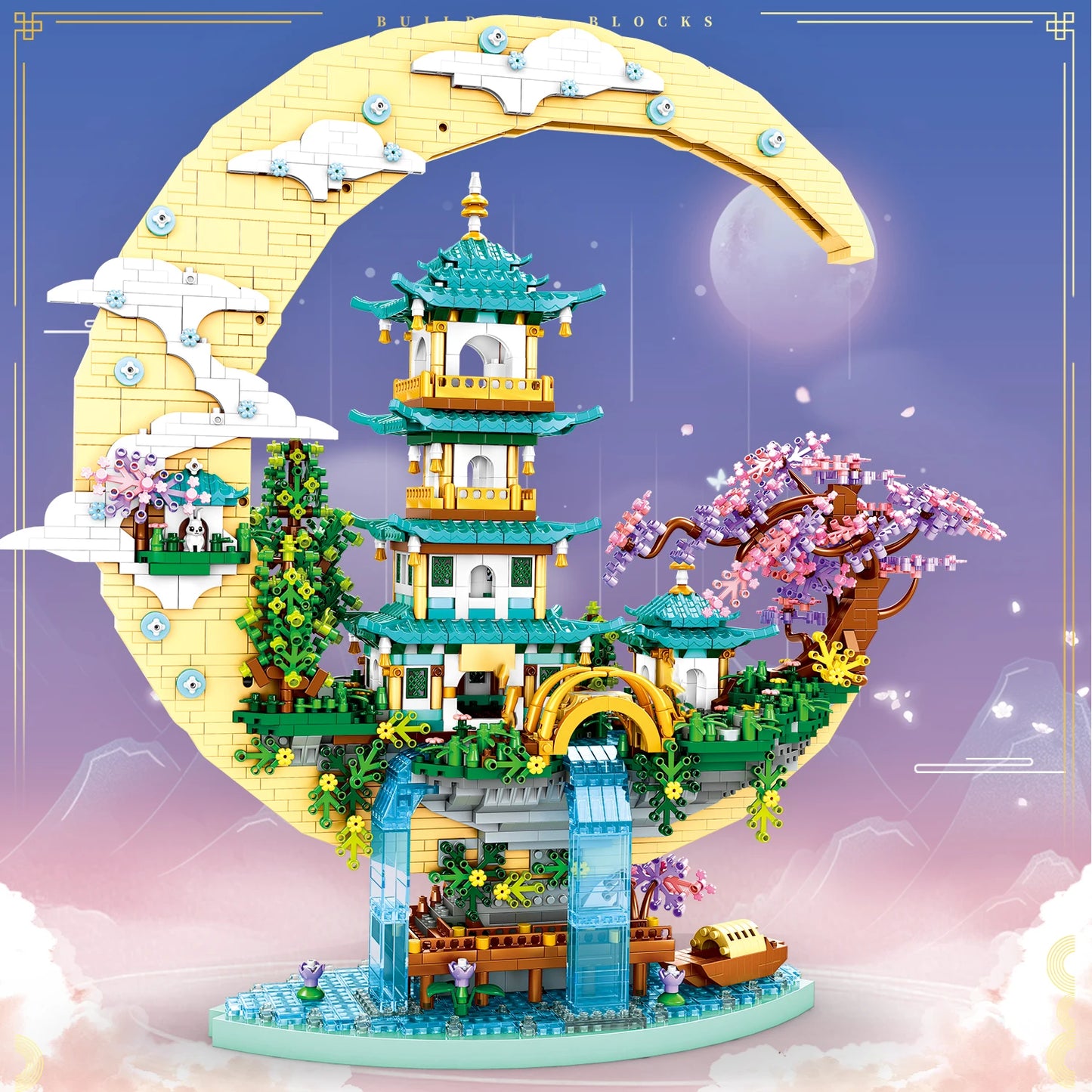 Ancient Pavilion Temple Tower Lake Garden Gate Led Light Model Mini Diamond Blocks Bricks Building Chinese Style Home Decor Gift