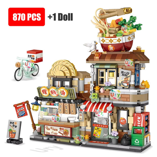 Mini City Japanese Street View Modular Villa Retro Noodle Shop Store Friends House MOC Architecture Building Blocks Set for Kids