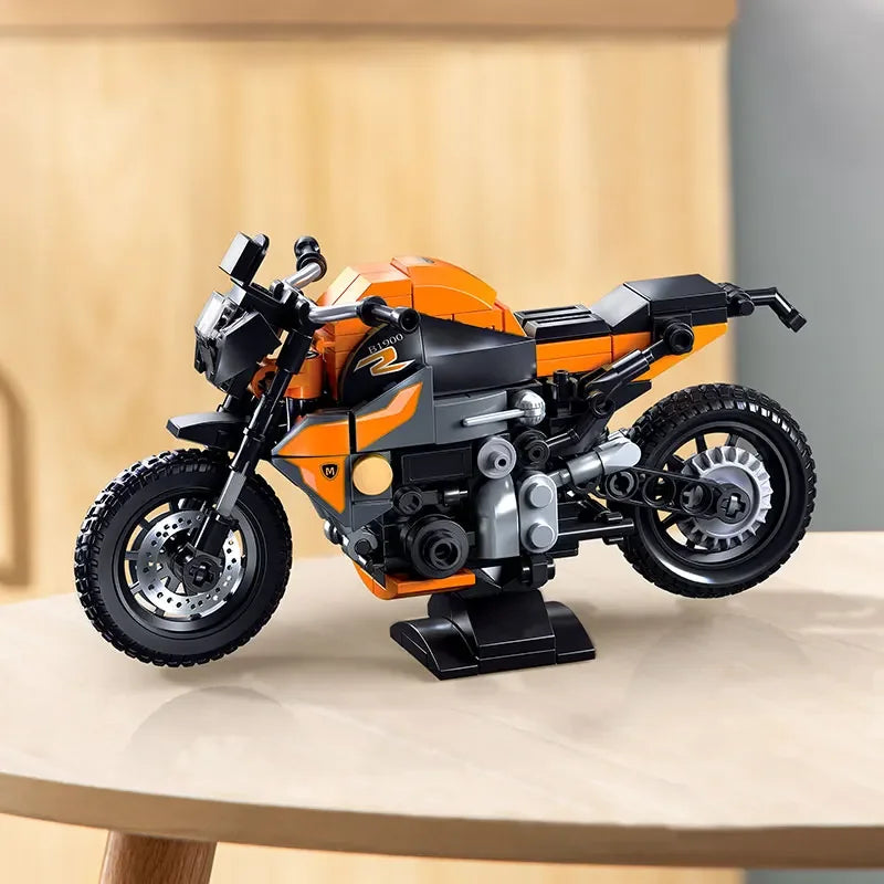 196 sztuk pomarańczowych klocków motocyklowych, małe klocki do budowania, puzzle do samodzielnego montażu dla dzieci