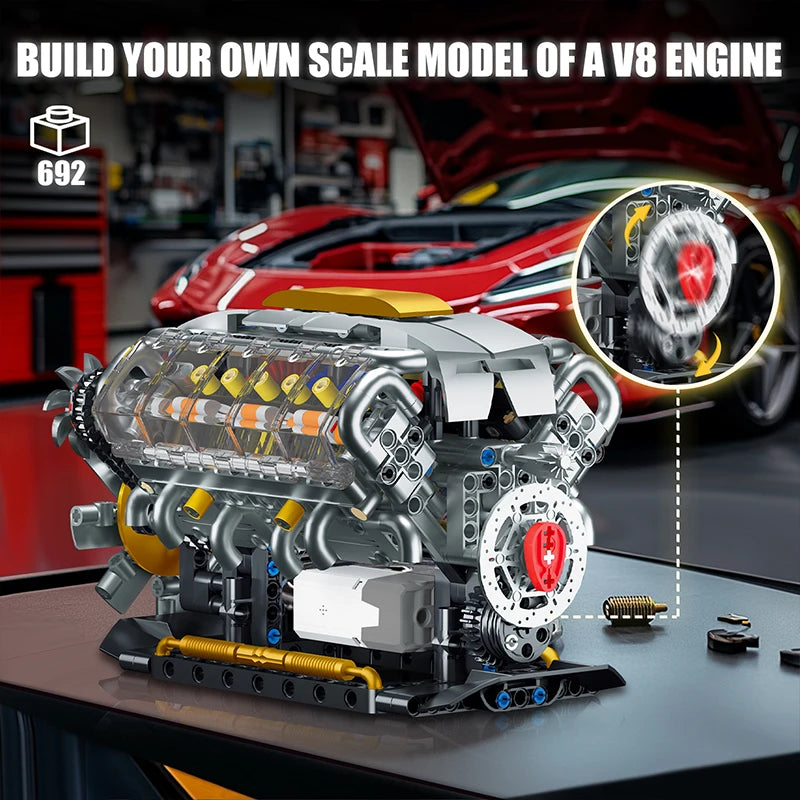 MOC Technik Electrically Driven V8 Engine Model Car Building Blocks Set Creative Educational Toys Christmas Gifts For Boys Kids - CADA BRICKS®