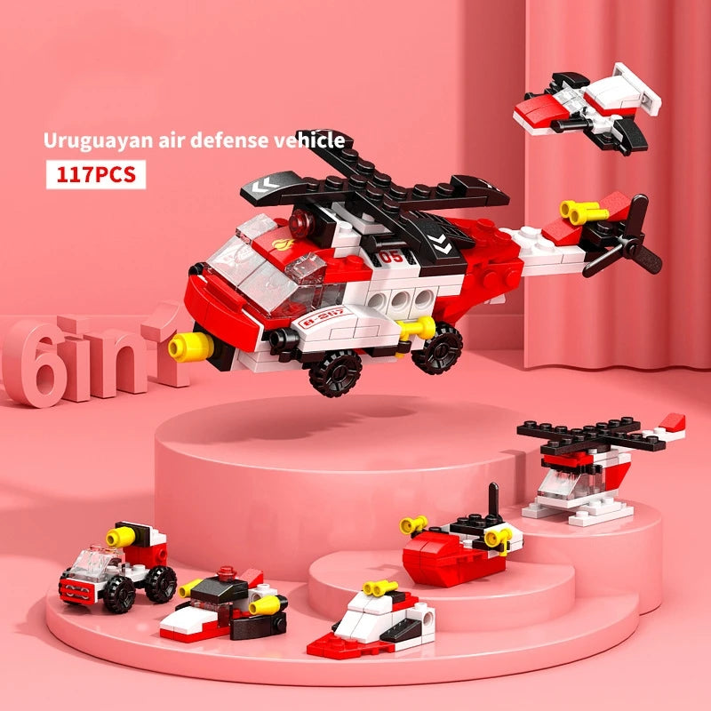 6IN1 Engineering Car Helicopter Truck Tank City Building Blocks Police Bricks Fire Fighting Brick Set Toys for Children
