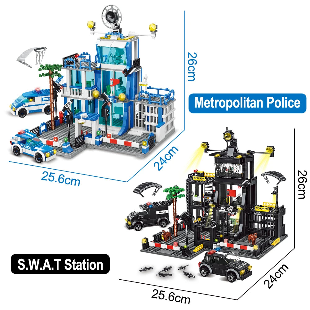 Zestaw modeli wojskowych SWAT Police Station, więzienny samochód, łódź policjanta, figurki, klocki budowlane, DIY, zabawka dla chłopców, prezent
