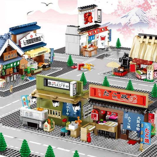 Japan City Street View Build Block Japanese Distillery Crab Meat Barbecue Pancake Shop Teahouse Octopus Ball Store Bricks Toy