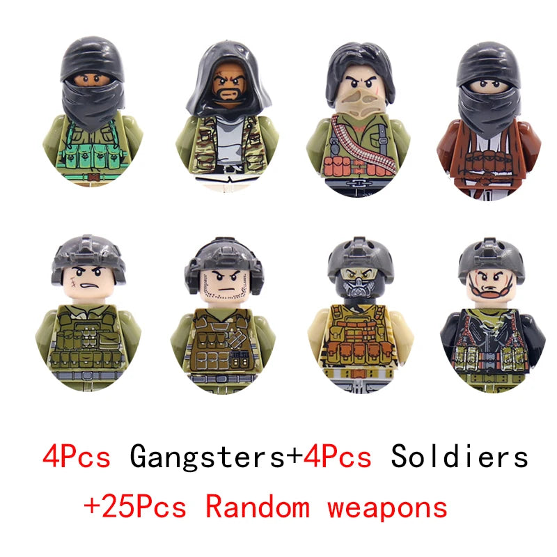 Wojskowe siły specjalne, policja SWAT, gangsterzy, broń, pistolety, moździerze, jeepy, pojazdy terenowe, opancerzone, model żołnierza, klocki budowlane