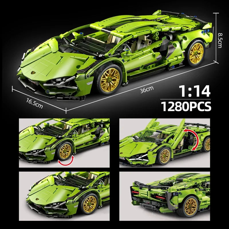 Techniczne superszybkie zielone Lamborghini, modele samochodów sportowych, klocki konstrukcyjne, słynne pojazdy, zabawki dla dzieci na prezent dla dorosłych